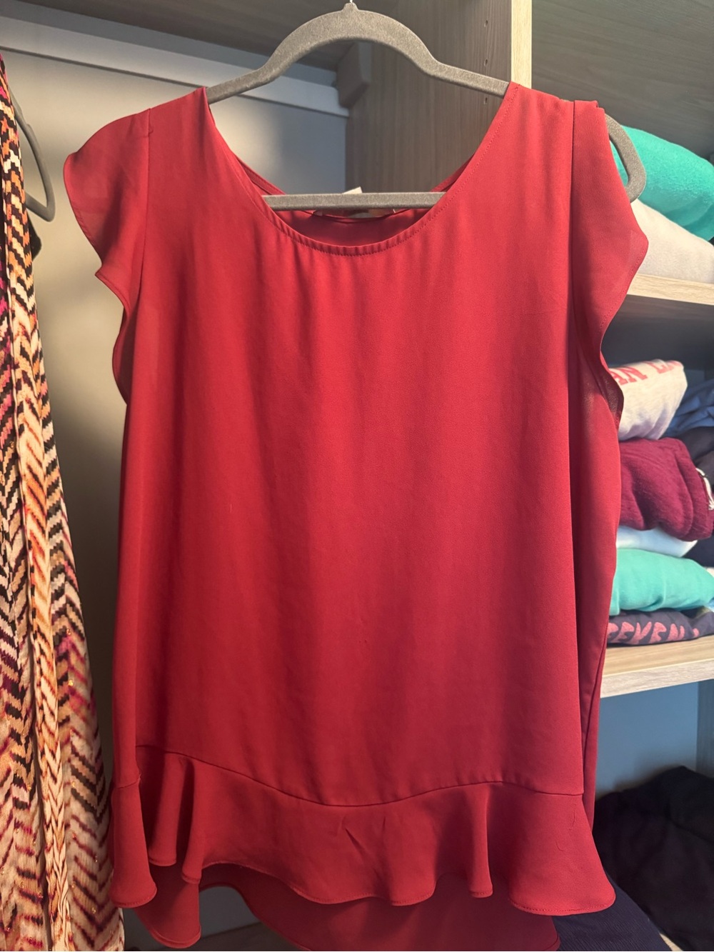 LOFT Red Ruffle-Hem Blouse